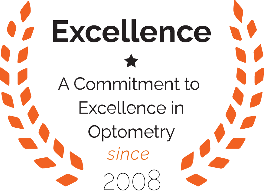 The image features a graphic with text that reads  EXCELLENCE  at the top, followed by a statement  A commitment to excellence in optometry since 1965.  Below this, there s an emblem with laurel leaves and the word  OPTOMETRY  beneath it. The overall style of the image is promotional or informational, likely used for marketing purposes related to optometry services.