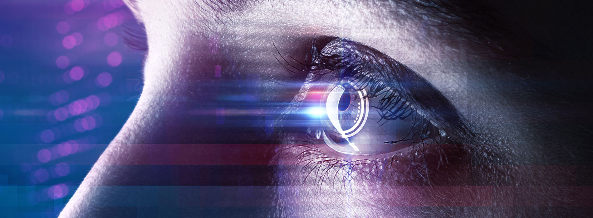 This image features a close-up of a person s eye with a futuristic, high-tech appearance, set against a vibrant background with digital effects.